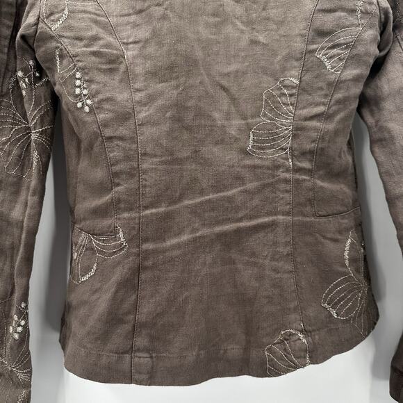 120% Lino Blazer Womens Medium 40 Brown Tan Embroidred Sport Jacket Linen - Picture 4 of 12